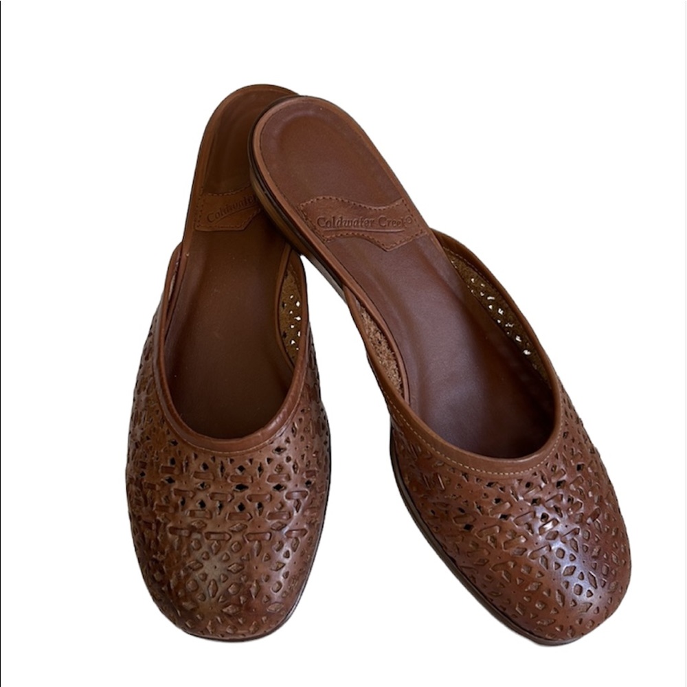 Coldwater Creek Women’s Laser Cut Leather Wedge Slide Sandals NWOT